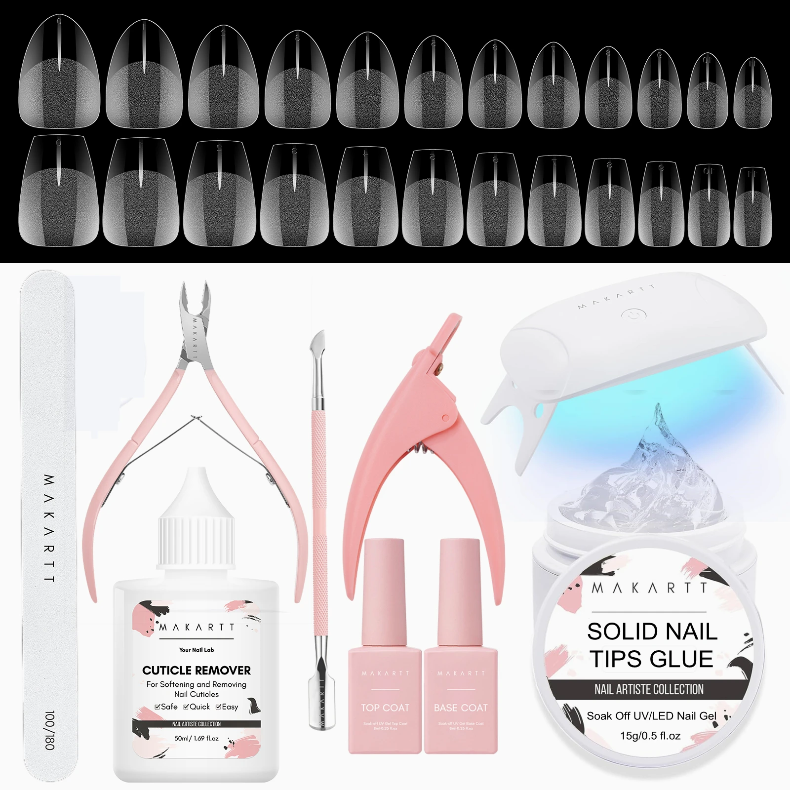 Makartt Gel Nail Kit Easy Nail Extension Set Stevige nageltips Lijm Nagellamp Basis Top Coat Manicure Nagelaccessoires