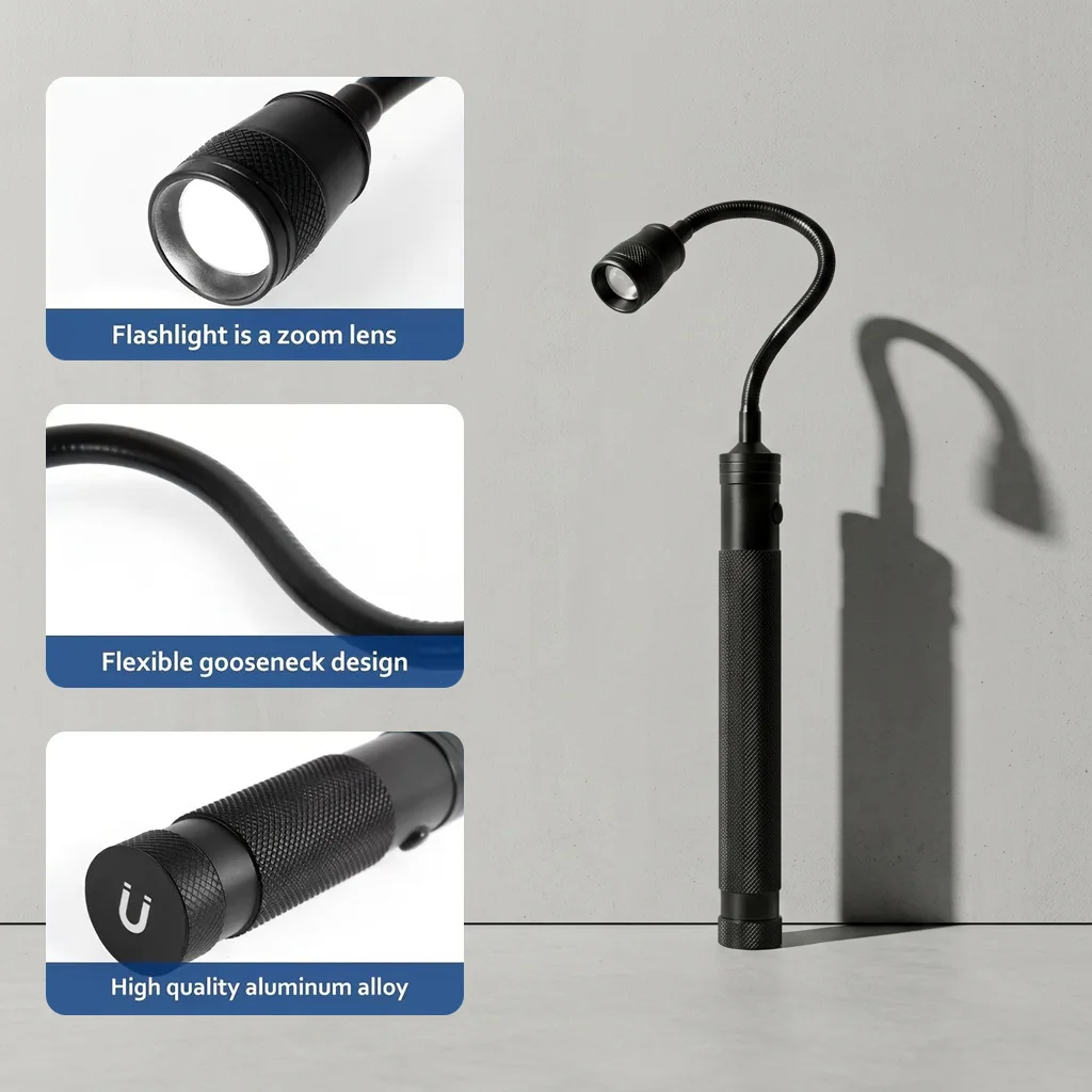 LED Work Light Zoomable Portable Lamp Super Bright Flexible Multifunctional Torch Magnetic Gooseneck Garage Workbench Inspection