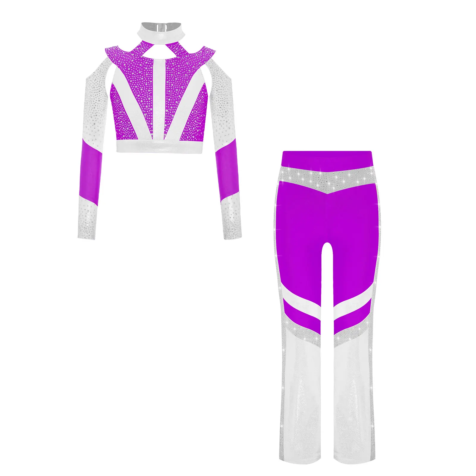 

Kids Girls Ballet Sets Gymnastics Acrobatics Ice Skating Dance Costume Long Sleeve Rhinestone Cutout Crop Top with Flared Pants