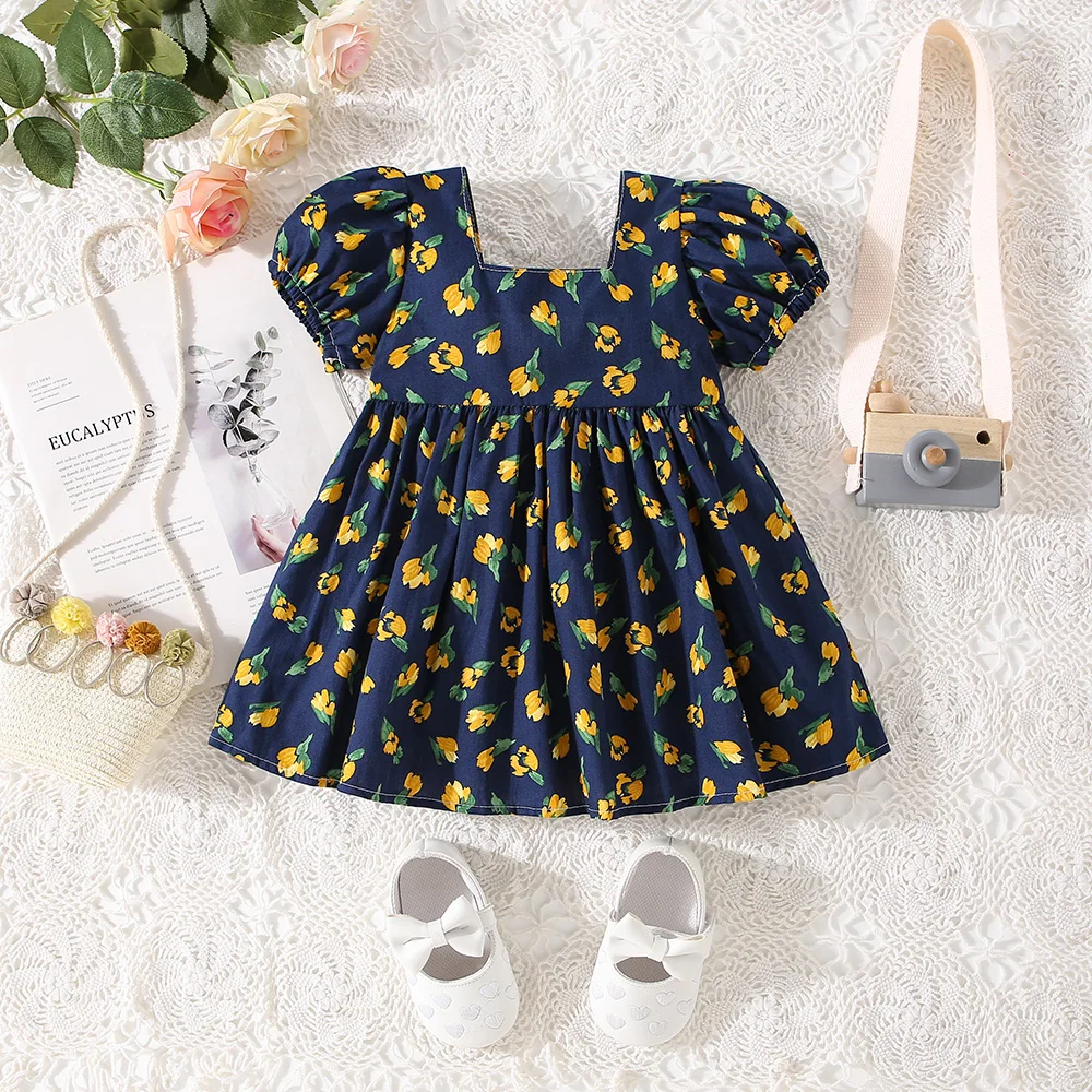 0-3-year-old girl dress summer baby girl big bow full flower print square neck bubble sleeve princess dress