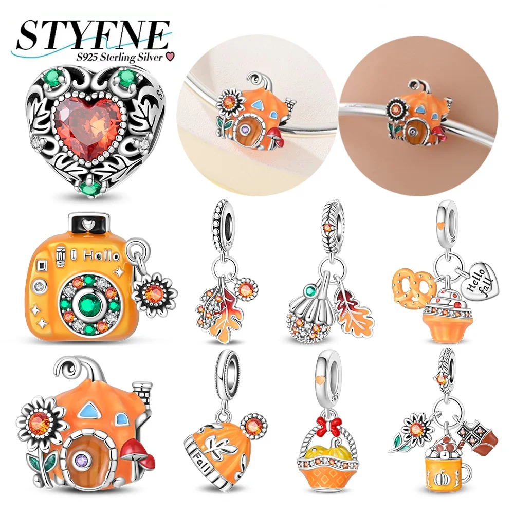 

S925 Серебряные осенние подвески из кленового листа, бусины, цветной циркон, тыква, цветочная корзина, подвеска, подходит для ювелирных изделий своими руками, подарок, оригинальный браслет