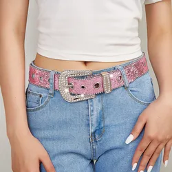 Fashion Sequin Pink Rhinestone Belt for Women Y2K Luxury Designer Pin Buckle Waist Strap Female Jeans Trouser Decor Waistband