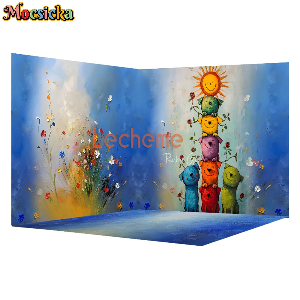 Mocsicka 아트 추상 배경 사진 태양 개 꽃 벽 아이 아기 파티 부활절 봄 유화 배경 장식 스튜디오