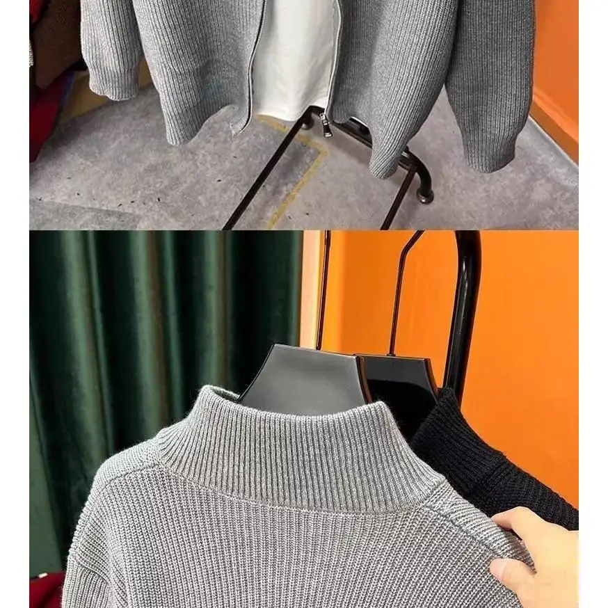 سترة محبوكة فضفاضة للرجال بياقة عالية وسحاب سترة كورية Sle شتوية غير رسمية من ألياف البوليستر طويلة Sve