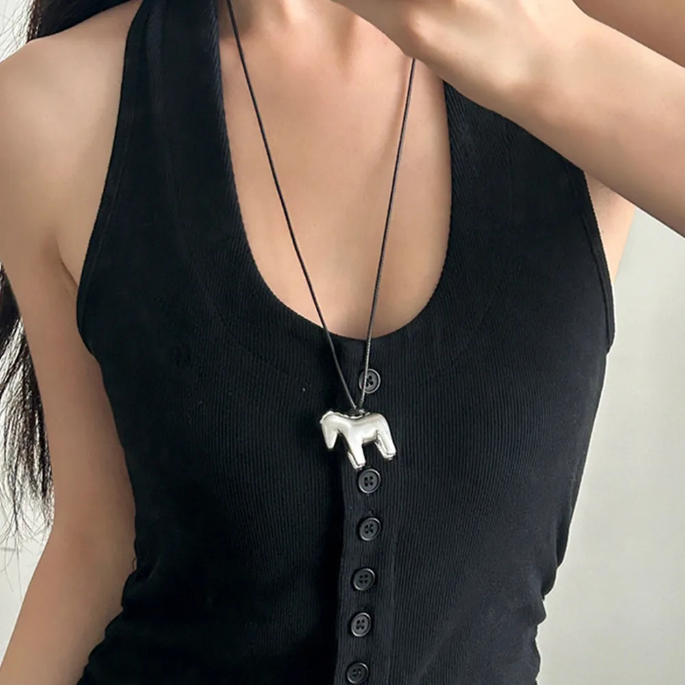Metal Horse Pendant Necklace for Women Simple Adjustable Long Black Rope Sweater Chain Fashion Accessory