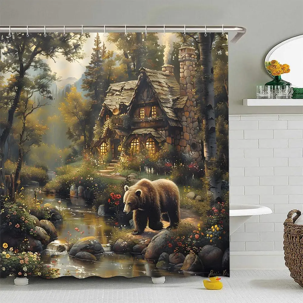 Rustic Forest Bear Shower Curtain Fantasy Cabin Wildlife Hunting Farmhouse Country Animal Jungle Mountain Adventure Stream Fairy