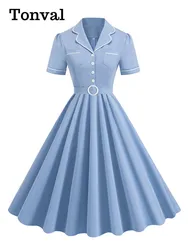Tonval Notched Collar Pockets Front Formal Blue Solid Long Dresses for Women Summer Button Up Elegant Swing Dress Vintage