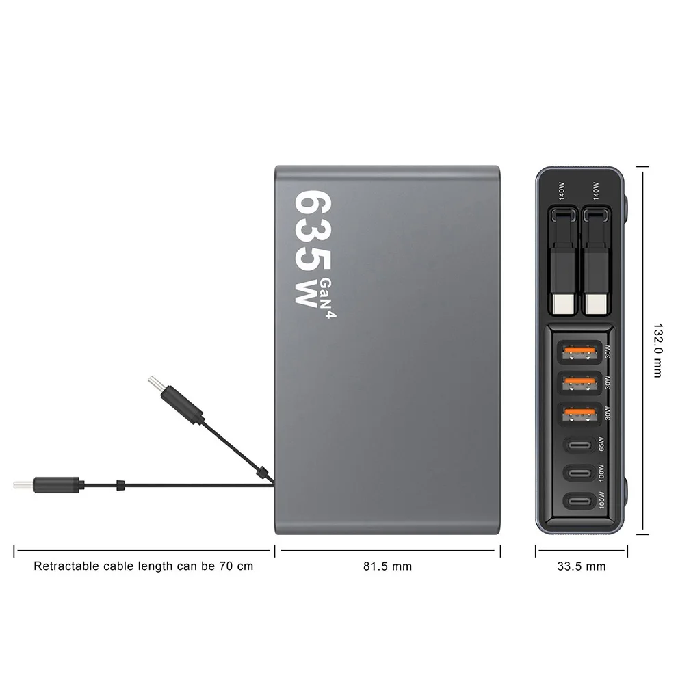 Multi-Port 635W GaN Desktop Fast Charger with 140W Retractable USB C Cable Charging Station for iPhone Samsung Tablet Wholesale