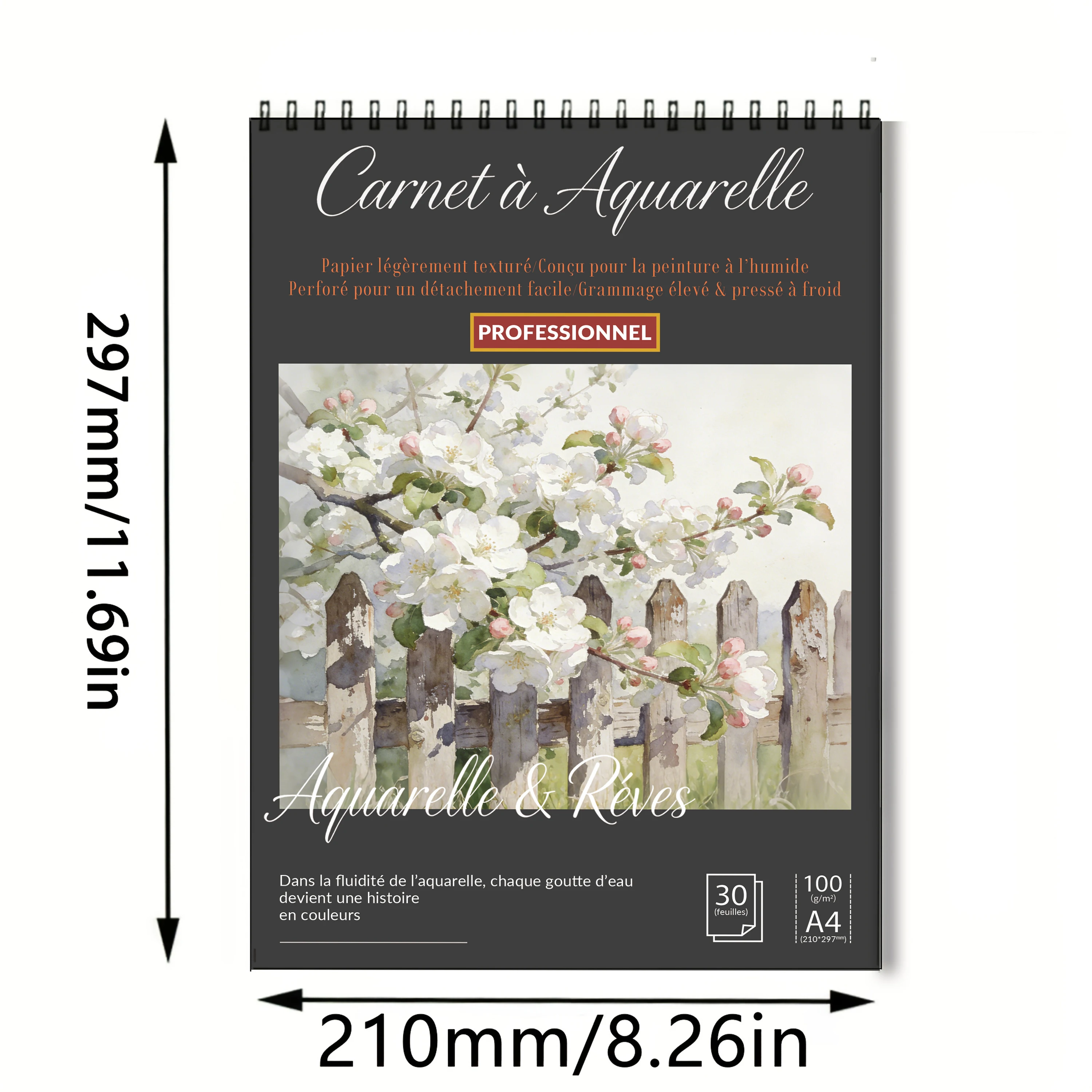 Spiral Bound Art Sketch Book A4, Black Hardcover White Blossom & Fence Print, 100 GSM Acid-Free Pad – For Artists, Students, Bac