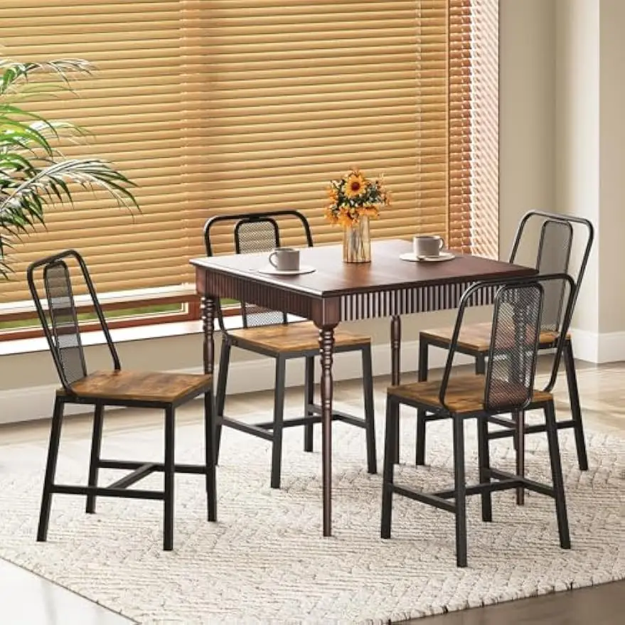 Dining Chairs Set of 4, Farmhouse Kitchen Room Chairs, Rustic | Industrial Kitchen Chairs, Ergonomic Backrest, Wooden, MDF Board and Metal Legs, Easy Assembly, for Kitchen, Living Room