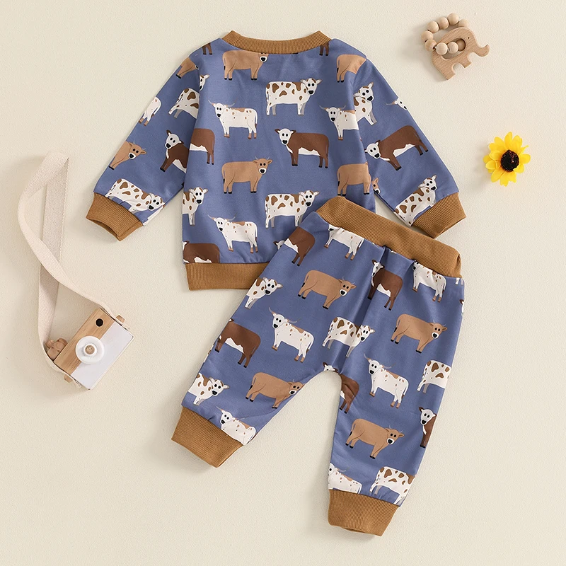 2024-05-27 Lioraitiin Baby Boys Pants Set, Cow Print Long Sleeve Crew Neck Sweatshirt with Elastic Waist Sweatpants Clothes