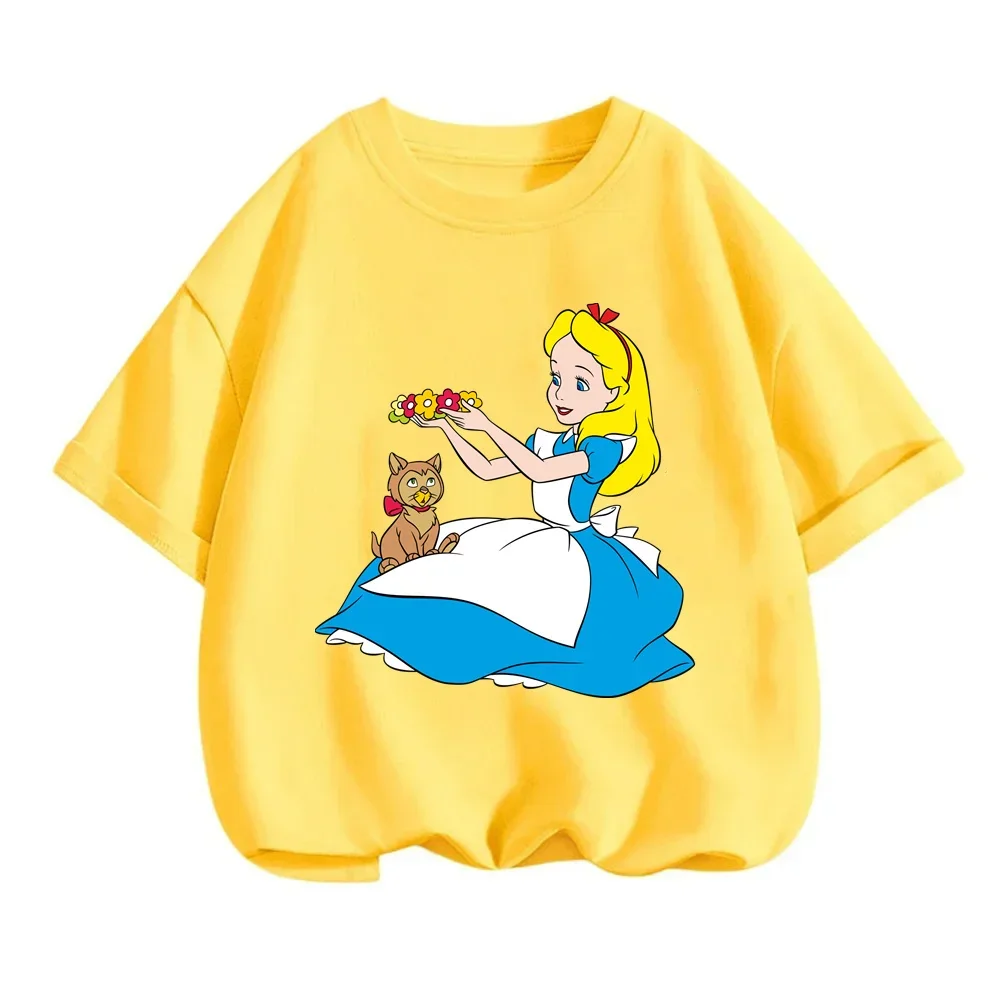 Cool Disney Alice in Wonderland Summer T-Shirts for Kids Q-Version Cartoon Prints O-Neck Trendy Street Upper Wear for Boys Girls