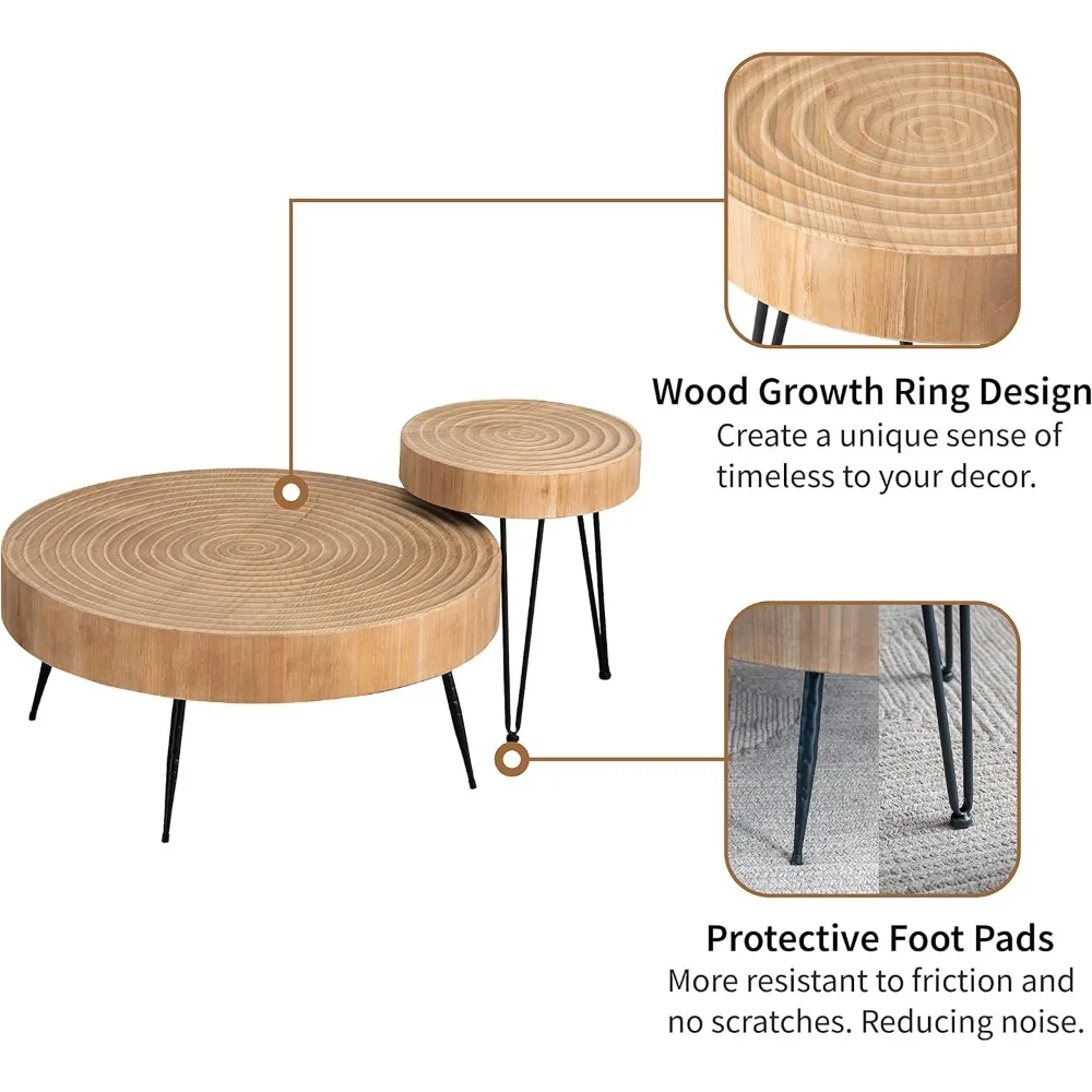 Mesas nido estilo granja boho con motivo de anillo de madera, juego de mesa de centro redonda con acabado natural para sala de estar