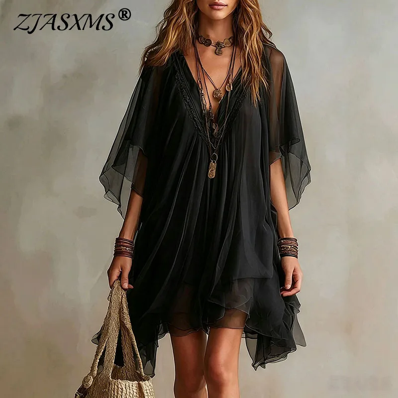 Damen V-Ausschnitt Transparentes Spitzen-Strandkleid Boho Fledermausärmel Locker Sitzende Tunika Mini-Kleid Neues Sommer Fließendes Urlaubskleid Vestidos