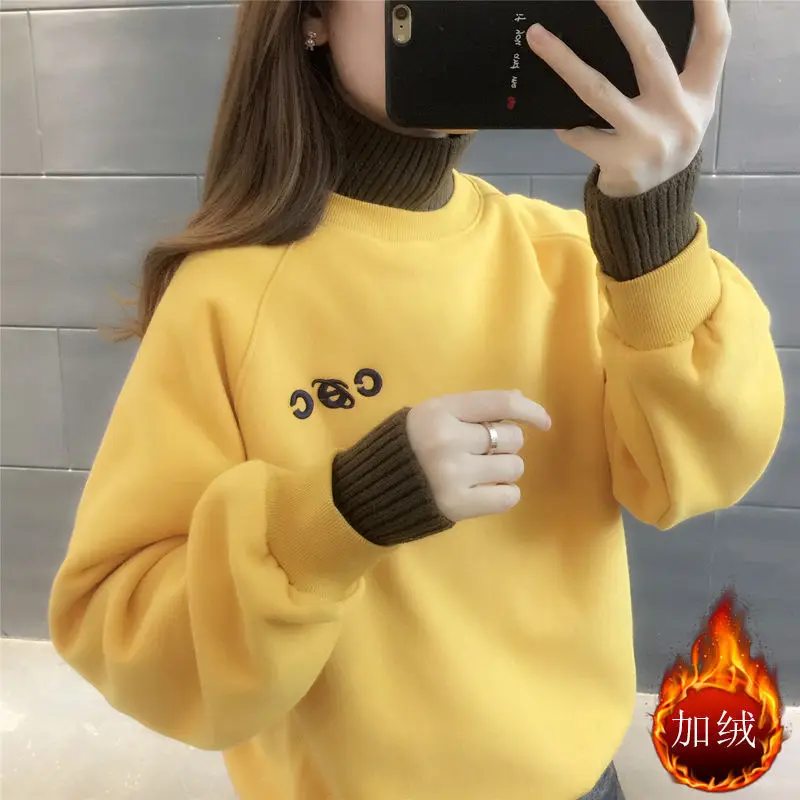 2023 Autumn and Winter Women\'s Half High Collar Long Sleeve Loose Embroidery Pullovers Korean Fashion Casual Office Lady Tops