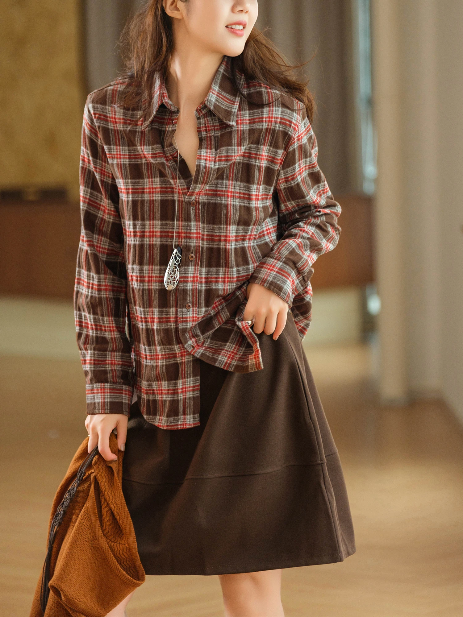 Long Sleeve Shirt 100% Cotton Combed Color Woven Plaid  Inner Bubble Wrinkle Casual Loose Fit Women's Breathable Shirt