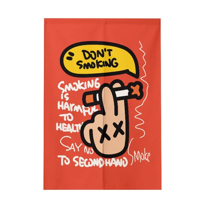VIKAMA Cartoon Graffiti Anti Smoking Door Curtain Red Background Hand Cigarette Dont Smoke Text Street Art Linen Noren Bedroom