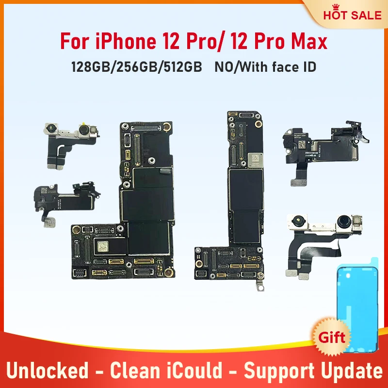 Placa base desbloqueada completamente probada para iPhone 12 Pro Max, placa base 128g con ID facial, placa lógica limpiada, soporte de actualización de iCloud