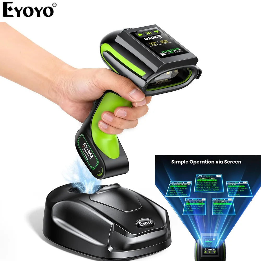 Eyoyo Industrial Barcode Scanner with Screen 3-in-1 Waterproof 1D 2D Bluetooth Wireless Bar Code Reader with Charging Dock
