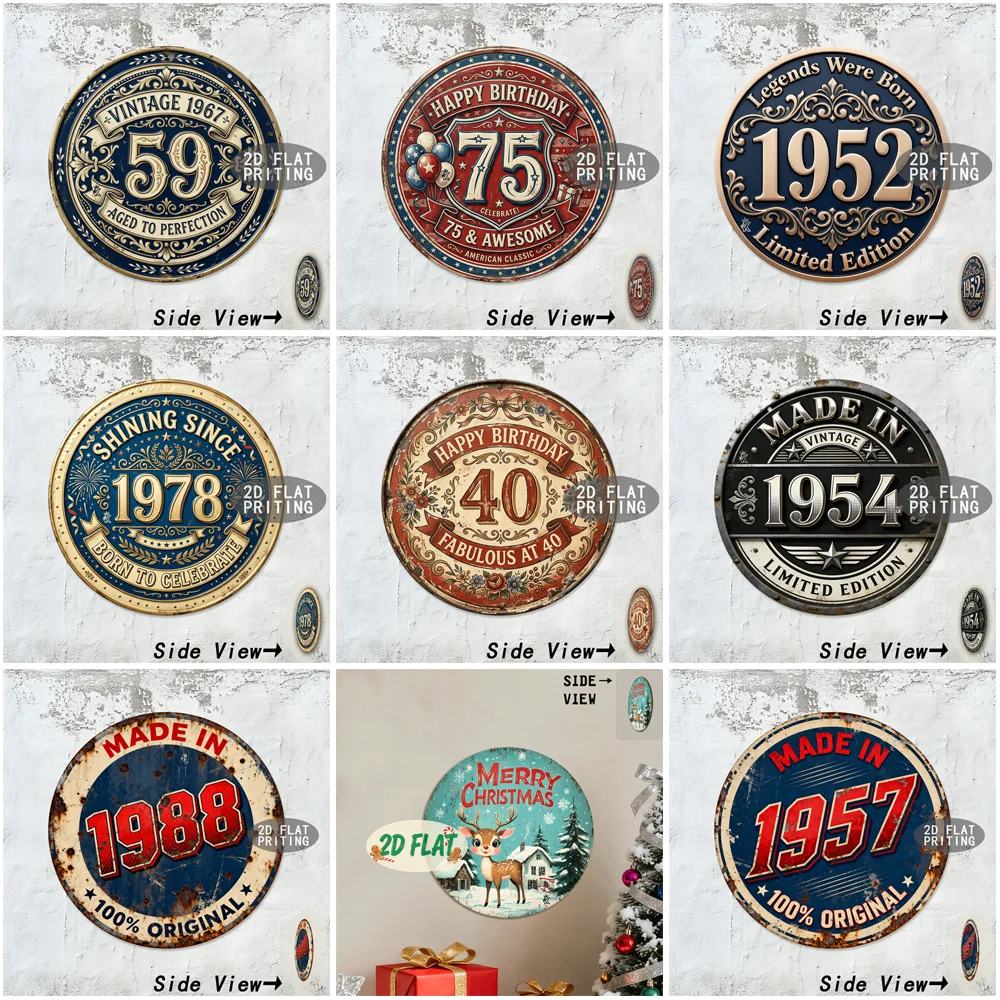 Multistyle Round Metal Tin Sign Vintage Birth Year Birthday Christmas Limited Edition Retro Wall Plaque for Home Bar Garage Ho