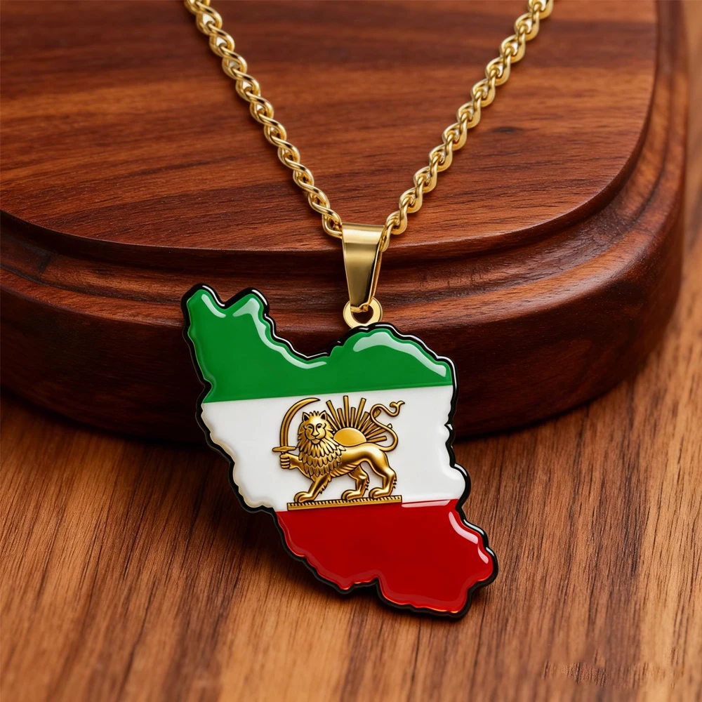 YILUOCD Iran Karte Flagge Anhänger Halskette Edelstahl Persisch Iranischer Löwe Sonne Charm Leichtgewichtiger Persischer Schmuck Geschenk