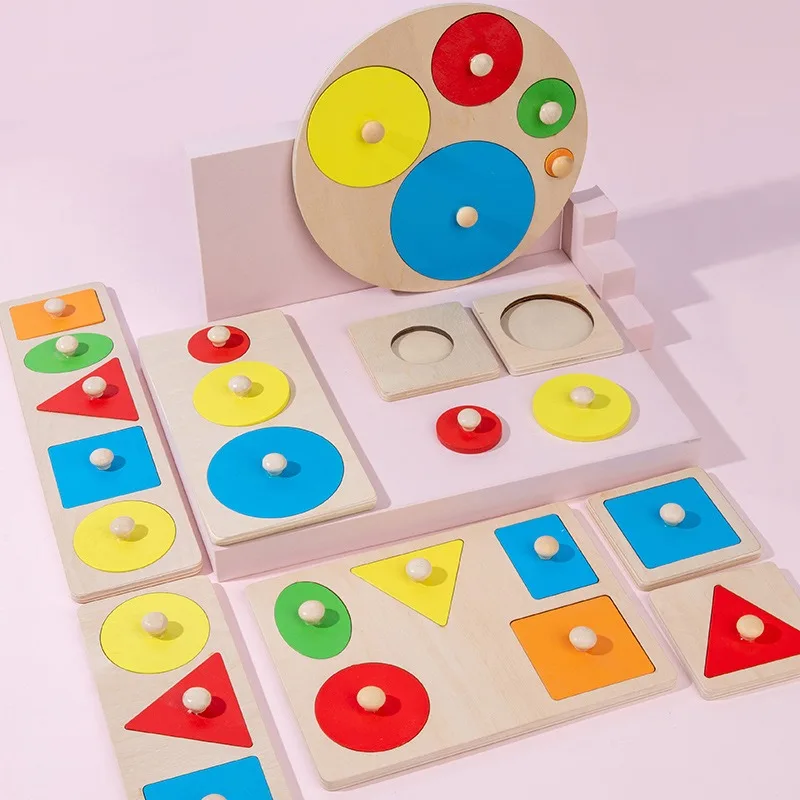 Kids Early Education Geometric Shape Puzzle Board Toy Round Triangle Pegboard Hand Grasp Panel Early Learning Cognitive