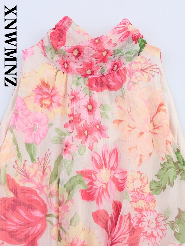 Xnwmnz 2025 verão feminino boho chique o-gola sem mangas plissado vestidos longos férias moda senhora em camadas vestido floral com cinto