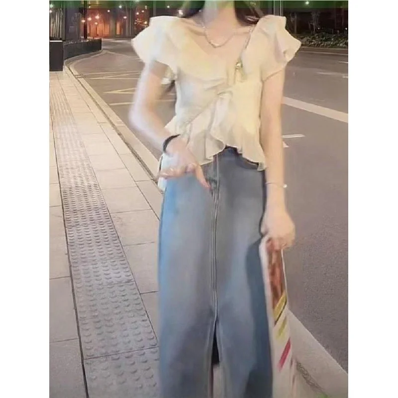 Ele ort Length Chiffon irt Women's Fly Sve Unique Summer Simple Korean Faion Slim Fit Asymmetrical Hem Blouse