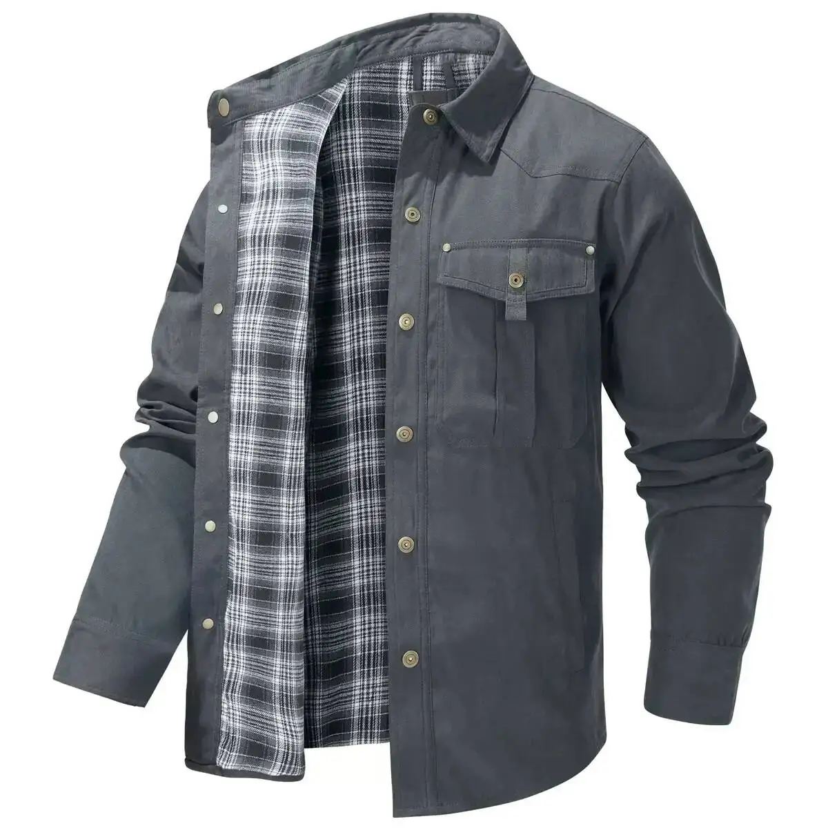 Men's Jackets Spring Flannel Lined Shirt Coat Shacket Casual Snap Button Overshirt Western Cowboy Style High Quality Top US Size