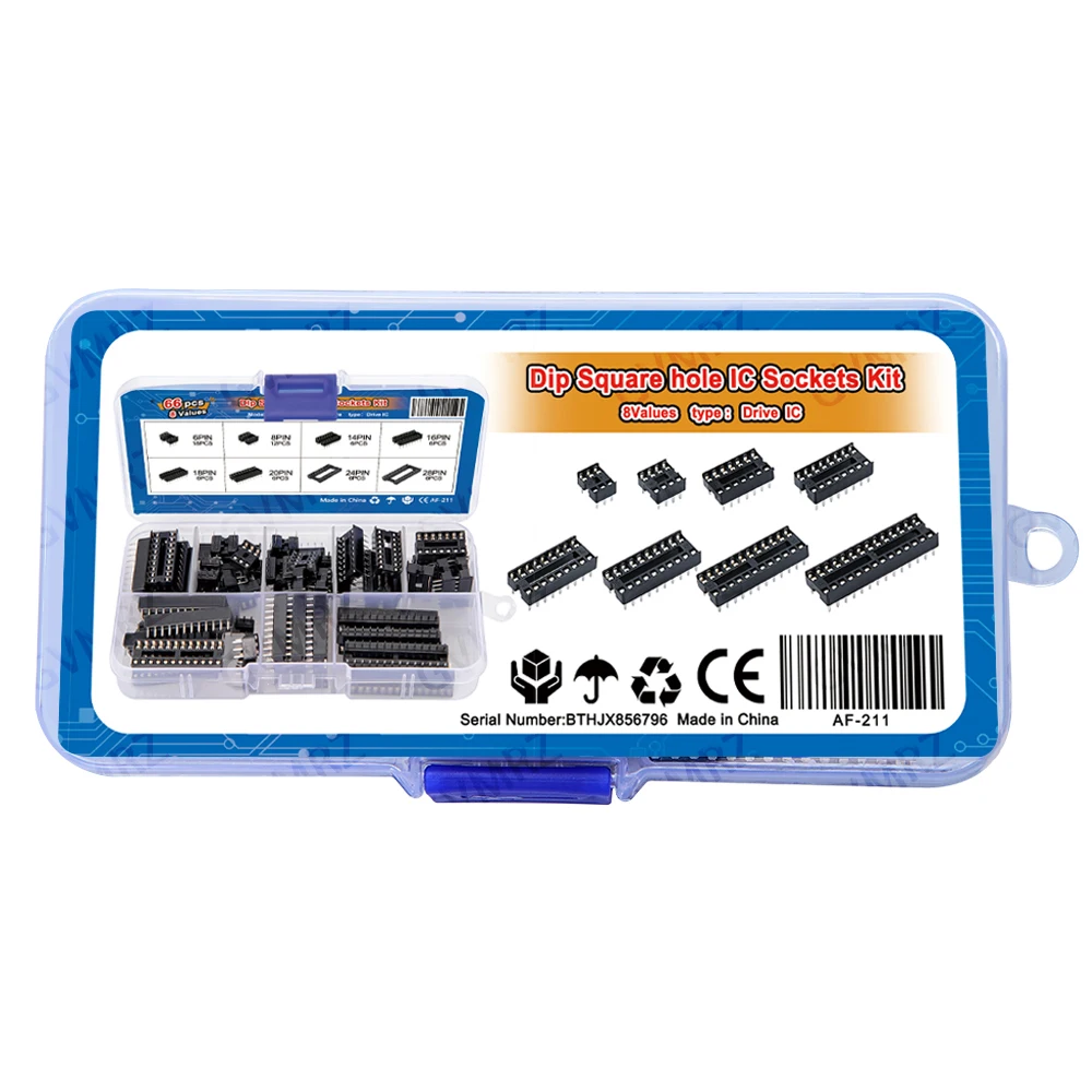 66PCS/lot 6 8 14 16 with Box DIP IC Sockets Adaptor Solder Type Socket Kit  18 20 24 28 Pin DIP-6 DIP-8 DIP-14 IC Connector