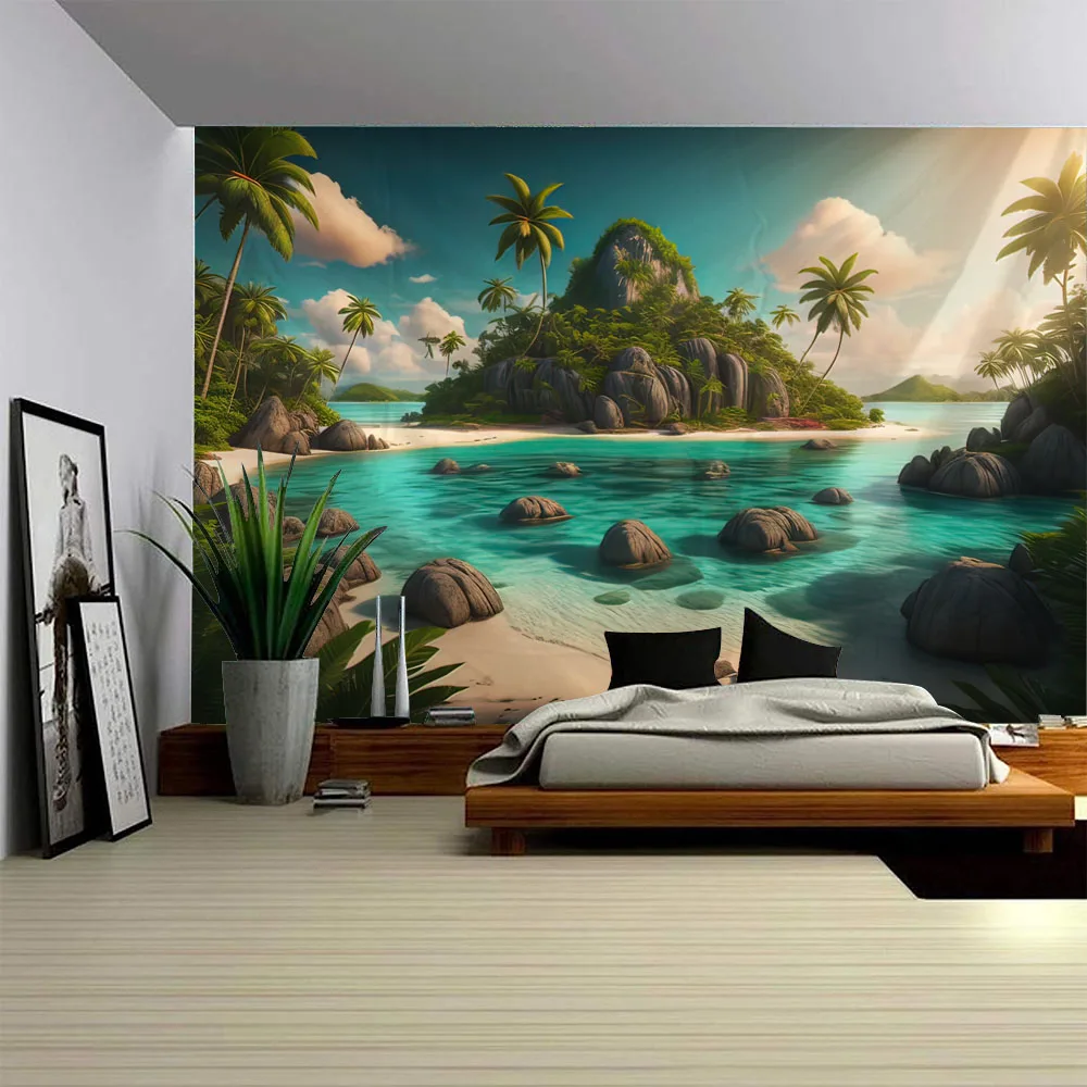 

Island Beach Tapestry Tropical Hawaiian Palm Tree Wall Hanging, Wooden House Blue Sky Sunshine Home Decoration Background Cloth