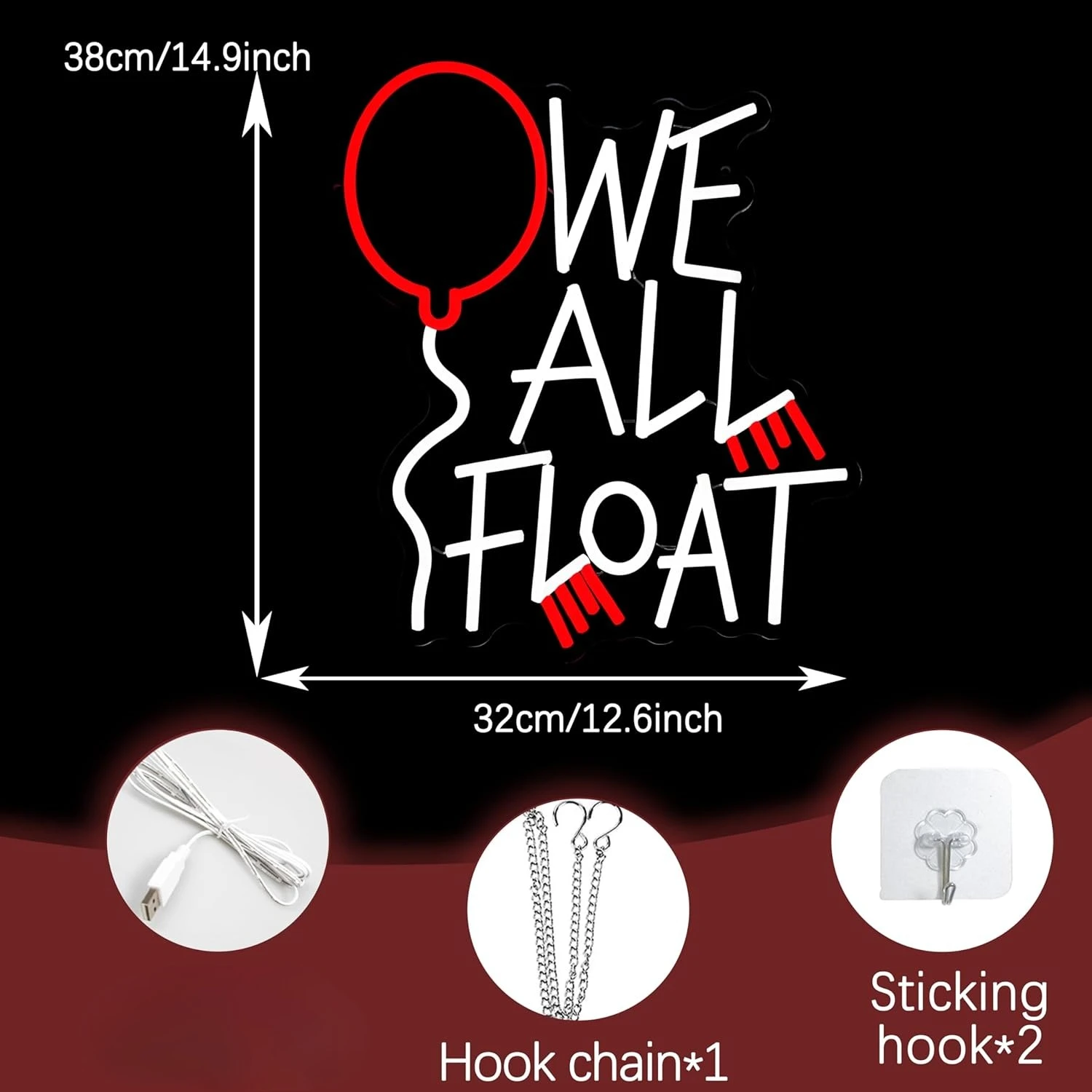 We All Float Neon Sign with Red Balloon IT Movie Inspired LED USB Dimmable Wall Art Lamp for Horror Theme Bedroom Bar Decor Gift