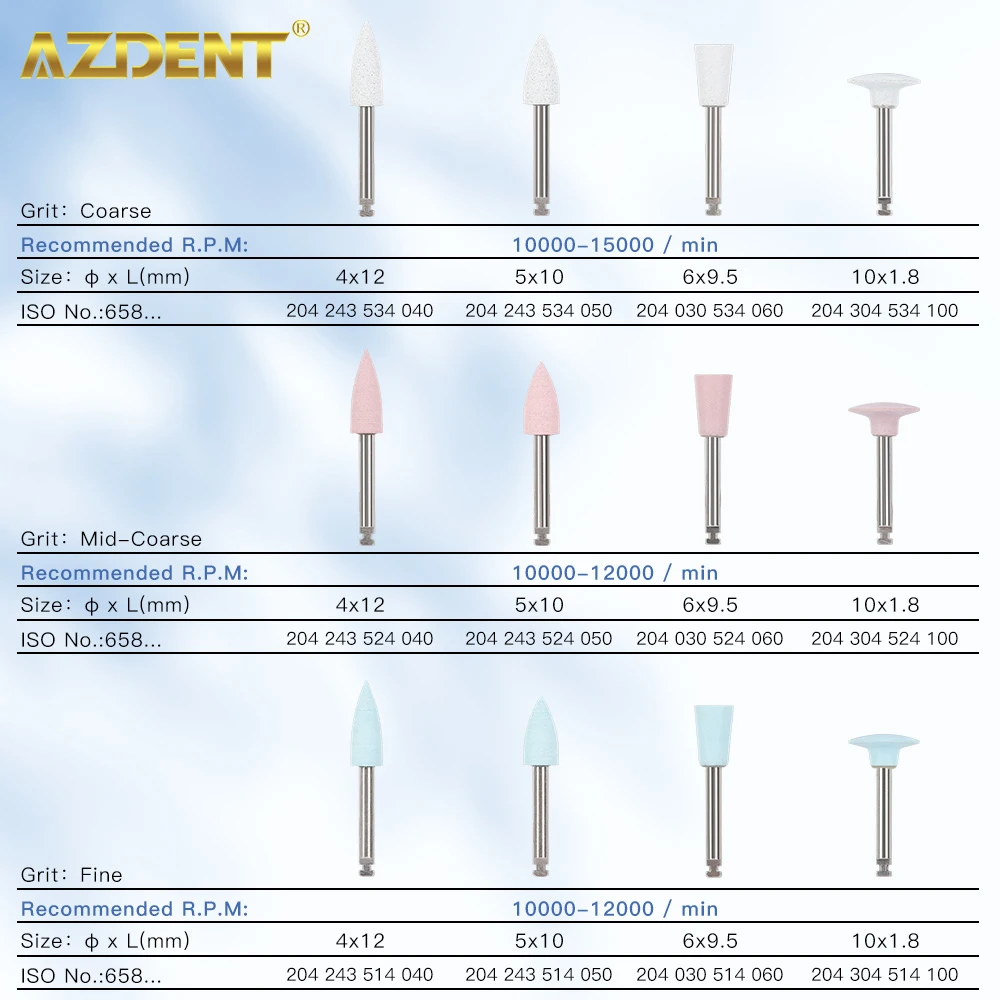 Azdent Dental Silicone Polidor Contra Angle Handpiece Polimento de porcelana Polimento de dentes composto, Ferramenta de odontologia 10Pcs Pack