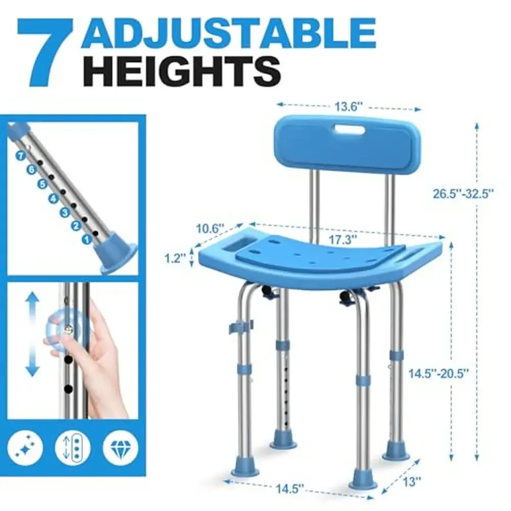 Adjustable Stainless Steel Shower Chair Heavy Duty 380lbs FSA/HSA Eligible Contoured Seat & Anti-Slip Design Tool-Free Assembly