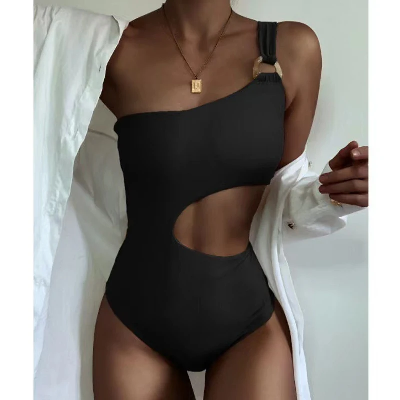 2023 Sexy One Shoulder One Piece Swimsuit Women Solid High Waist Cut Out Swimwear Woman Beachwear Monokini Bodysuit Bathing Suit