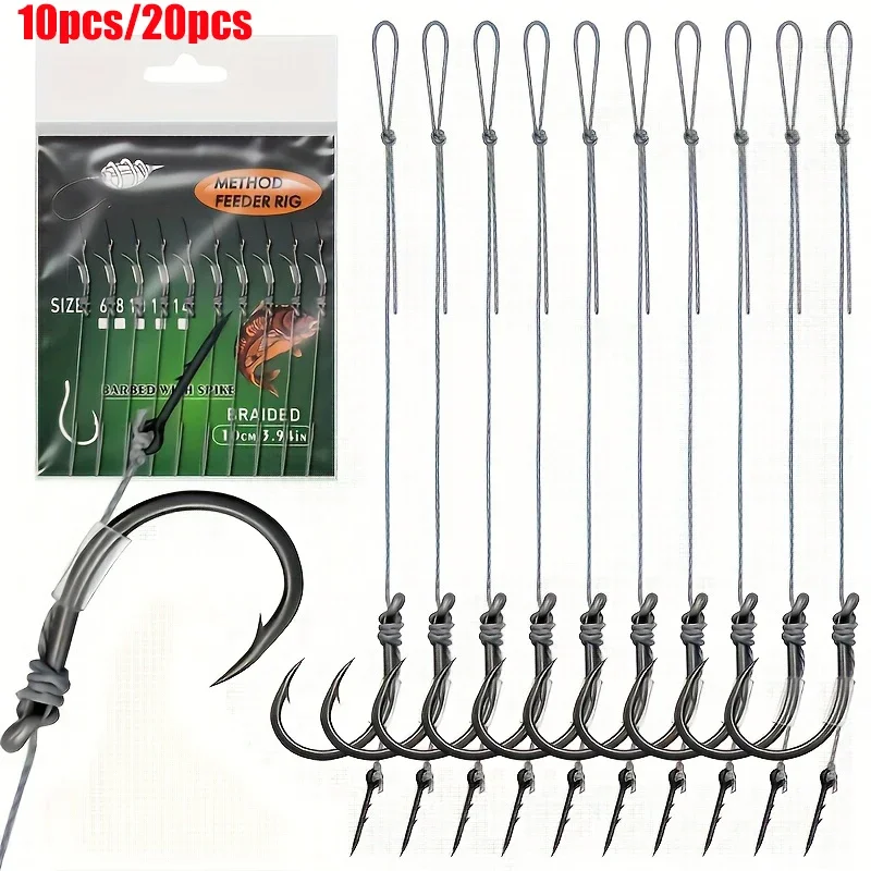 10/20 Stück Method Feeder Rigs mit Widerhaken und 8 geflochtenen Schnüren, hochfeste Widerhaken-Angelhaken Größe 6 8 10 12 14, Feeder-Angeln