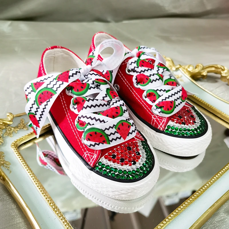 Canvas Shoe Custom Handmade Watermelon Low-Top Canvas Light Up Casual Flats Kids Crystal Girl Boys Sneakers