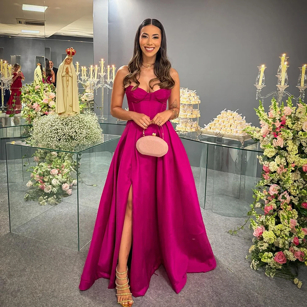 

Msikoods Satin Evening Dresses Sweetheart Slit Hot Pink Formal Guest Dress A Line Long Prom Dress Party Gown Women Customized