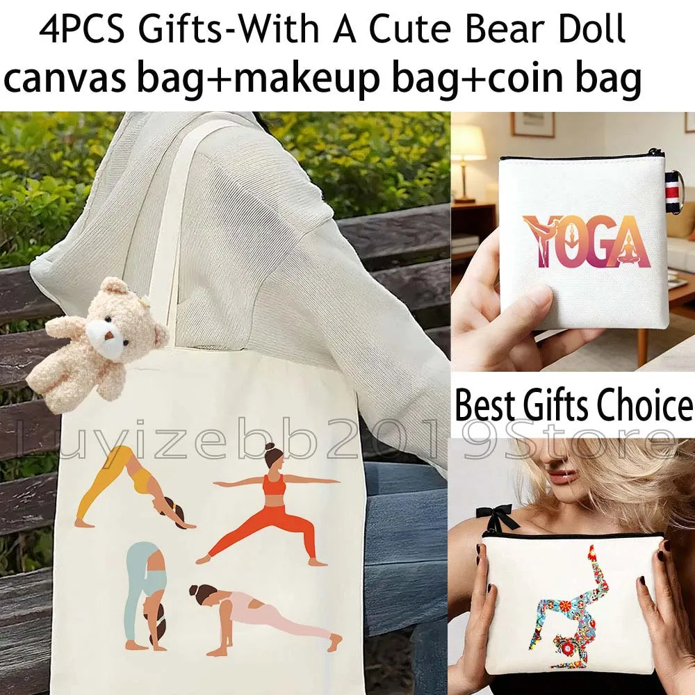 4PCS Gifts Floral Yoga Gymnastics Gymnast Girl Canvas Tote Bag Cotton Handbag,Cosmetic Makeup Bag,Coin Purse Wallet Zipper Pouch