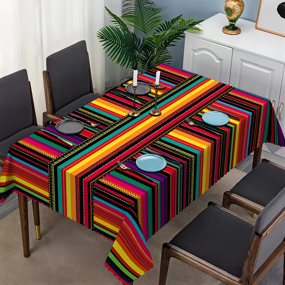 Fifty-Five Festival Mexican Carnival Colorful Stripes Printed Rectangular Tablecloth, Polyester Fiber