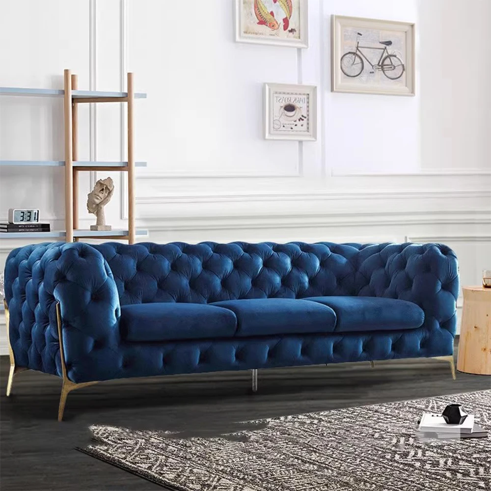&Modern Nordic Velvet Sofa Set with Gold Stainless Steel Base 2/3 Seater Sofa Bed for Villa Living Room