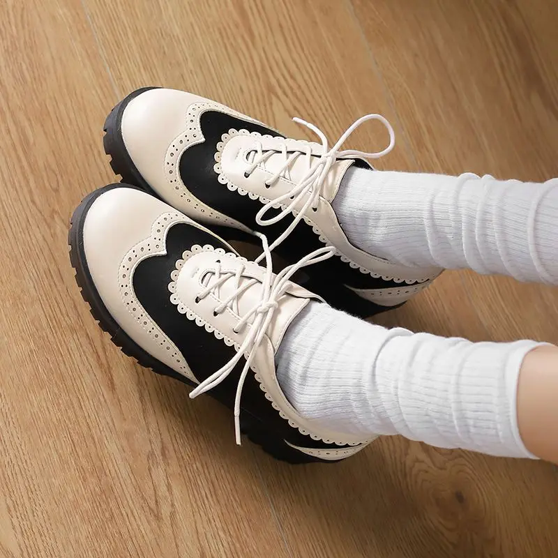 

Girseaby 2025 Loafers for Women Round Toe Block Heels 5cm Lace Up Mixed Color Pumps Plus Size 43 44 45 Leisure Soft Daily Shoes