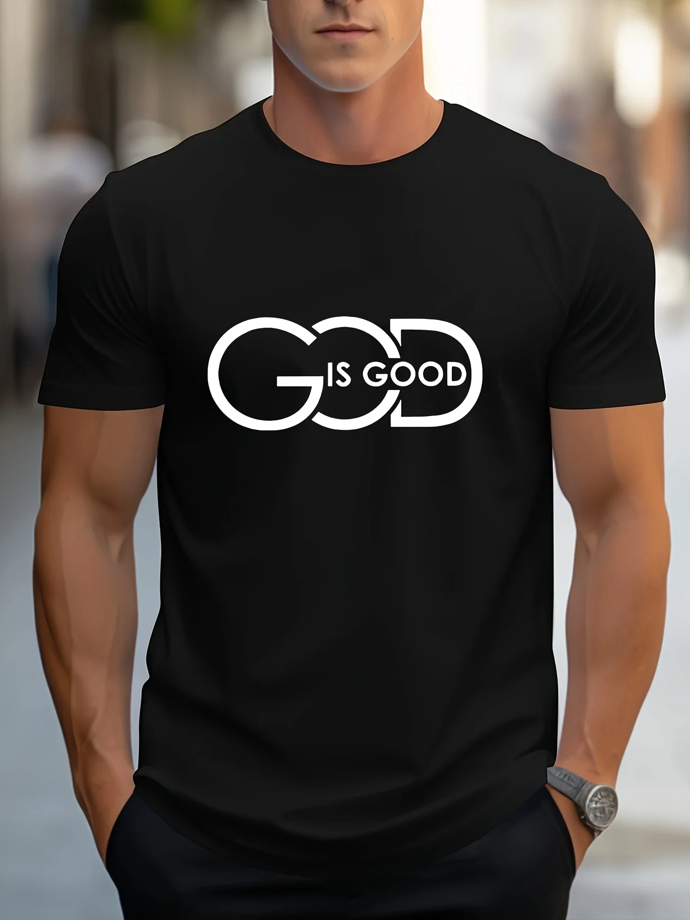 

Men's Trendy Clothes Short Sleeve Casual Sports T-Shirt Summer White Lines GOD Letter Print Comfortable Regular