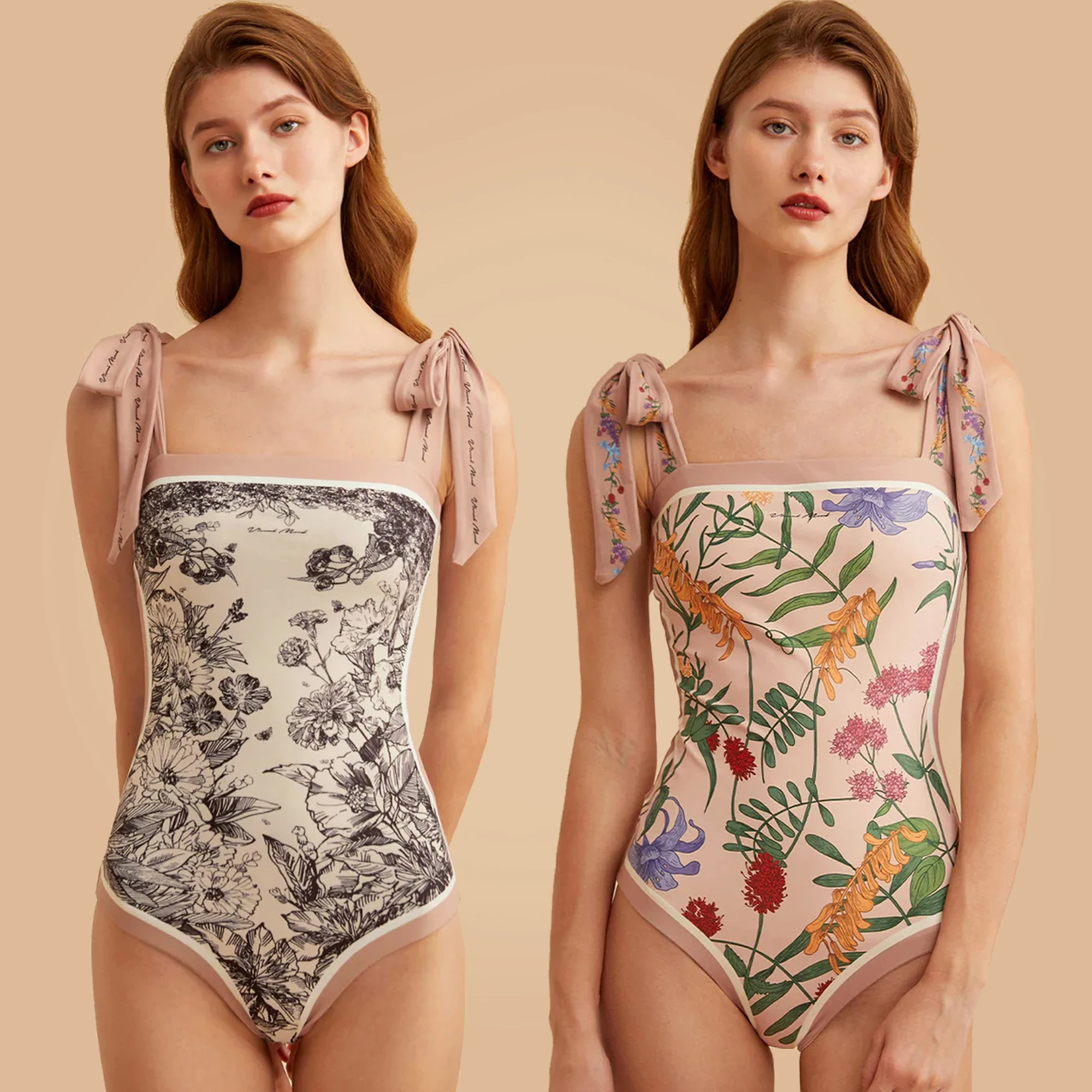 Double sided strap swimsuit with fixed print one-piece vintage swimsuit