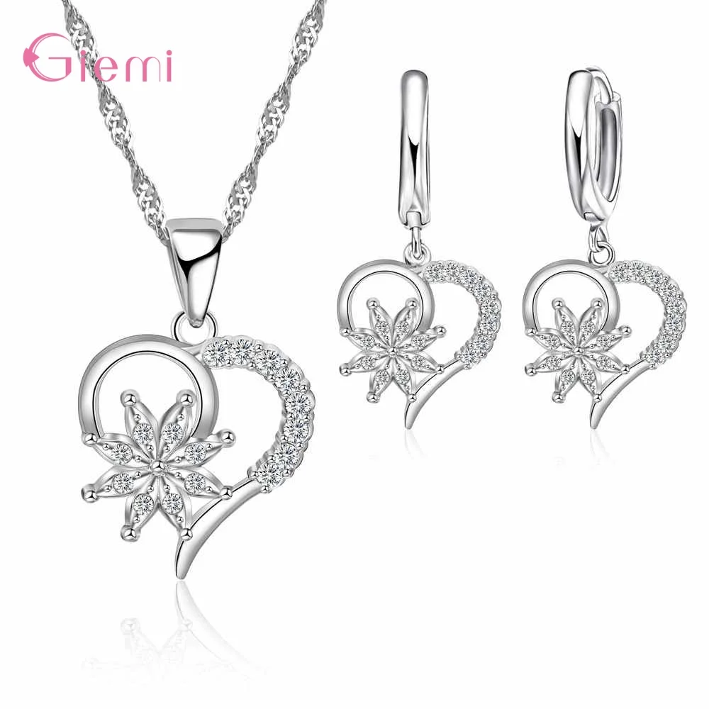 Genuine 925 Sterling Silver  Latest Design Love Heart Shaped Jewelry Sets For Women Girls Pendant Necklace Hoop Earring