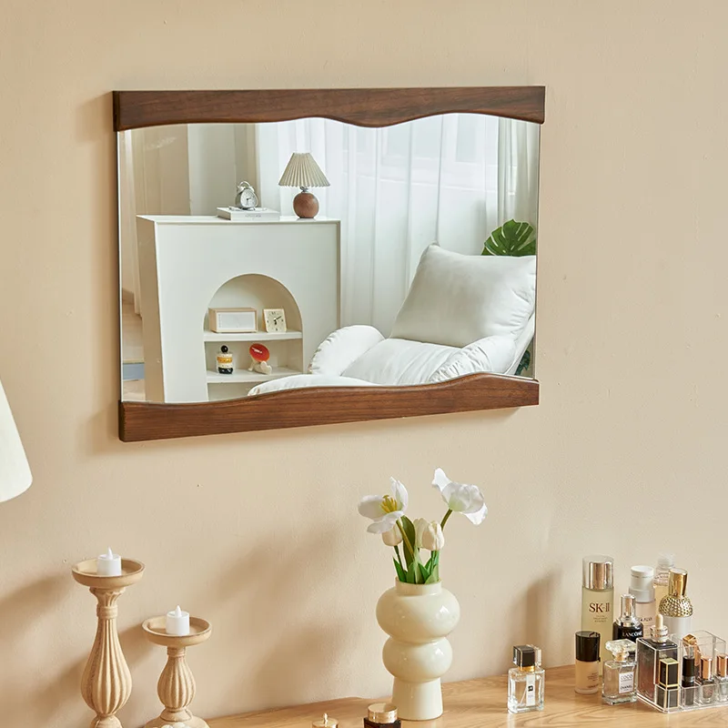 Solid wood square bathroom mirror wall hanging wall attached bathroom wavy vanity mirror retro lace special-shaped mirror