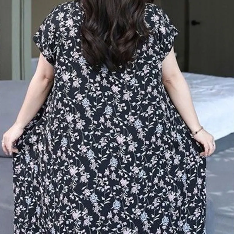 Vintage Broken Flowers Printed Long Dress Female Clothing Fashion Spliced Summer Casual Loose Straight All-match O-Neck Dresses