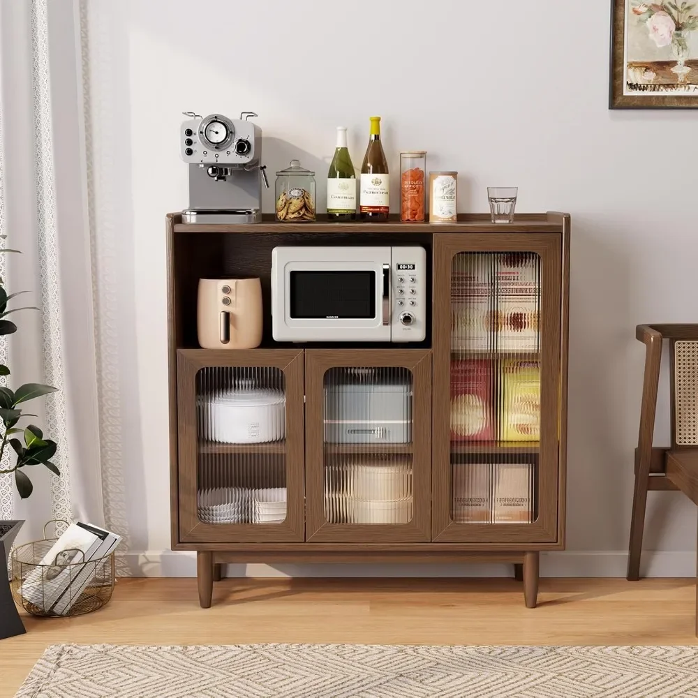 

Buffet Cabinet With Storage,Modern Sideboard Kitchen Cabinet With 3 Glass Doors,39.3" Wood Coffee Bar Cabinet(Walnut)|