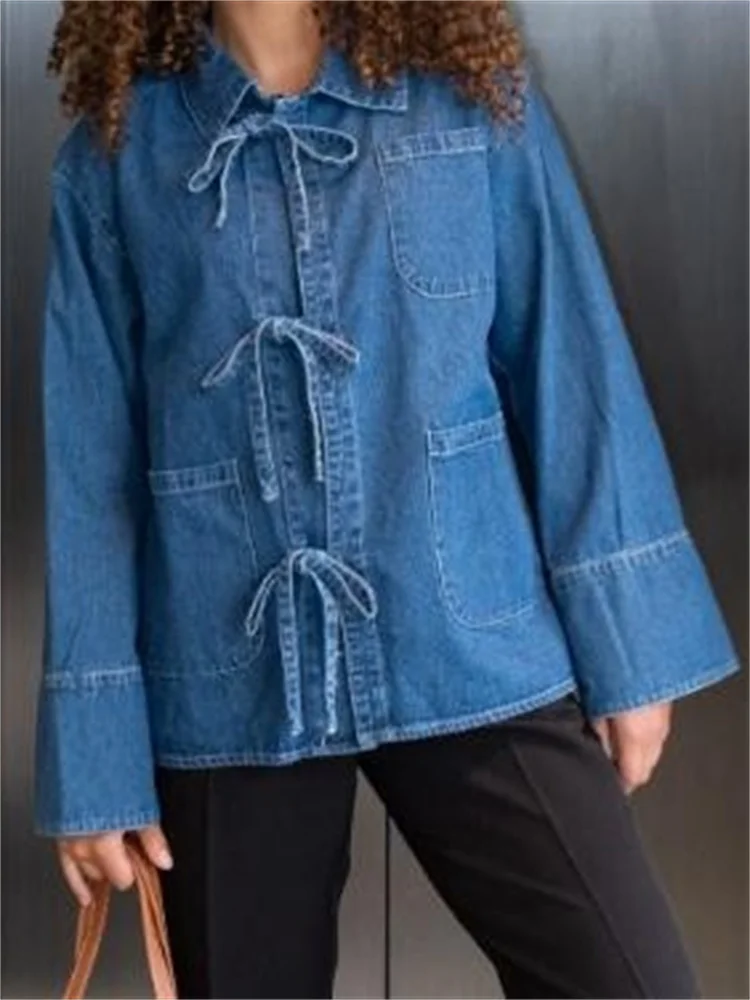 CHRONSTYLE Denim Shirts Tops Jackets Coats Tops for Women Long Flare Sleeve Front Tie-up Turn-down Collar Casual Blouses Shirts