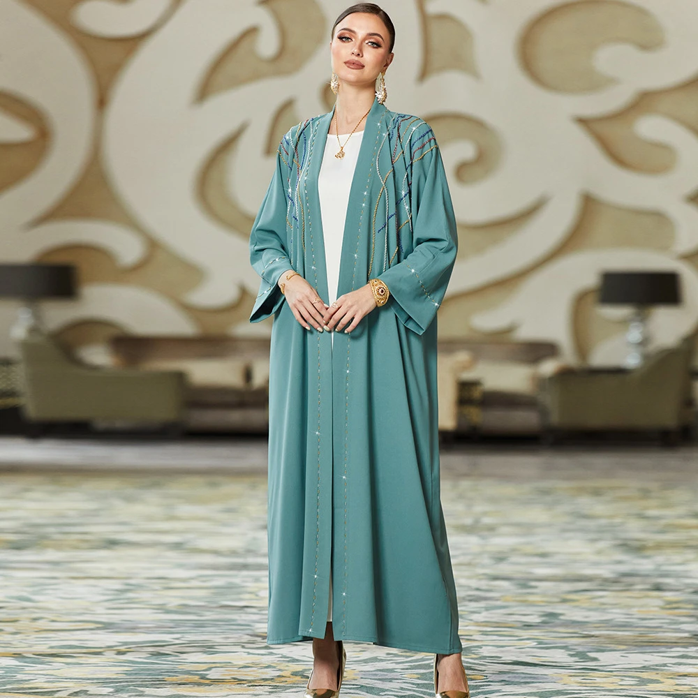 Hand Sewn Diamonds Kimono Cardigan Muslim Women Maxi Dress Dubai Open Abayas Eid Modest Prayer Clothes Ramadan Caftan Kaftan New